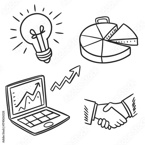 Business strategy and planning doodle vector illustration with lightbulb chart laptop and handshake concept | editable svg