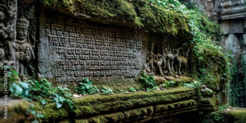 A weathered stone carving, heavily covered in vibrant green moss and small white flowers, dominates the foreground of this image. The inscription on the stone is partially obscured by the vegetation,