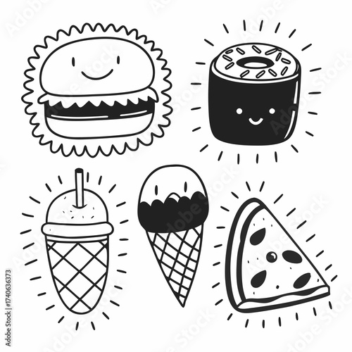Cute food doodles vector illustration featuring burger sushi milkshake ice cream and pizza drawing design art | editable svg