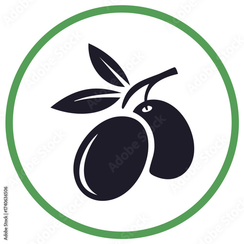 Simple olive branch icon with two olives and leaves in a green circle