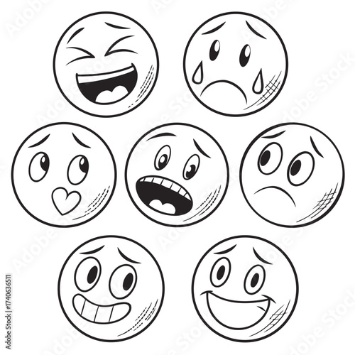 Emoticons expressions emotions facial feelings happy sad angry love sketch drawing vector illustration | editable svg