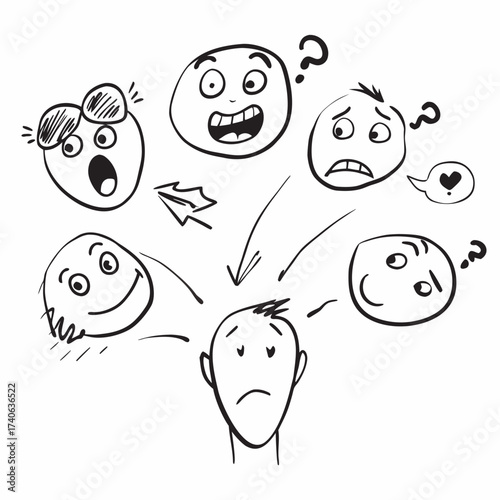 Understanding emotions and feelings concept drawing of different facial expressions and mood swings illustration | editable svg