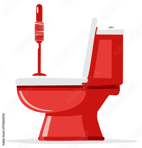 Red toilet bowl and brush for cleaning bathroom vector illustration for design and decoration