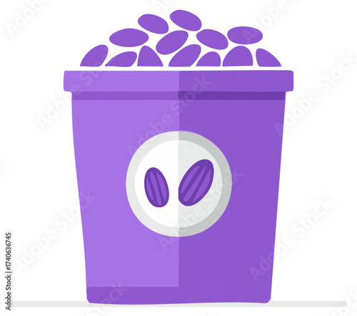 Flat design illustration of a purple cup filled with almonds on a white background