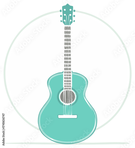 Teal Acoustic Guitar Music Instrument Inside Light Green Circle Simple Vector Illustration