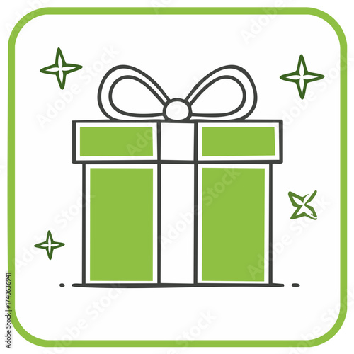 Green gift box with ribbon and star decorations in a green outline.