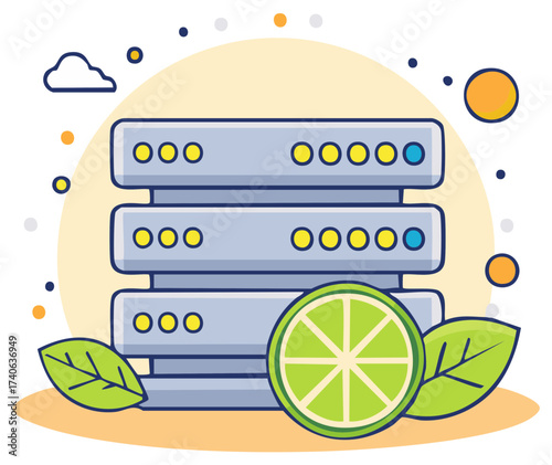 Green Hosting and Fresh Data Technology Concept with Server Rack and Lime Slice Illustration
