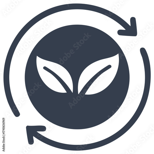 Simple flat icon of a plant sprout in a circle with arrows symbolizing sustainability and renewal