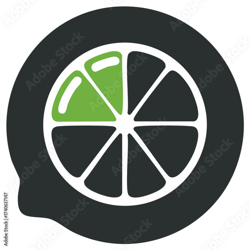 Lime Slice with Green Segment in Black Circle, Citrus Fruit Symbol