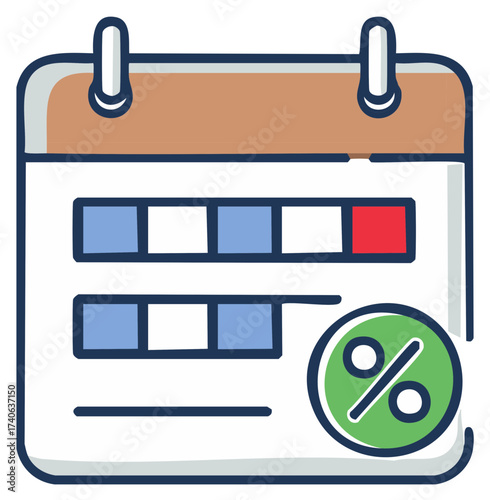 Calendar icon with percentage symbol, due date, sale, special offer, limited time event, appointment, deadline