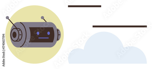 Robot with antennae against a yellow circle beside a cloud and dashed lines suggesting connectivity. Ideal for technology, AI, communication, innovation, cloud computing, automation, futuristic