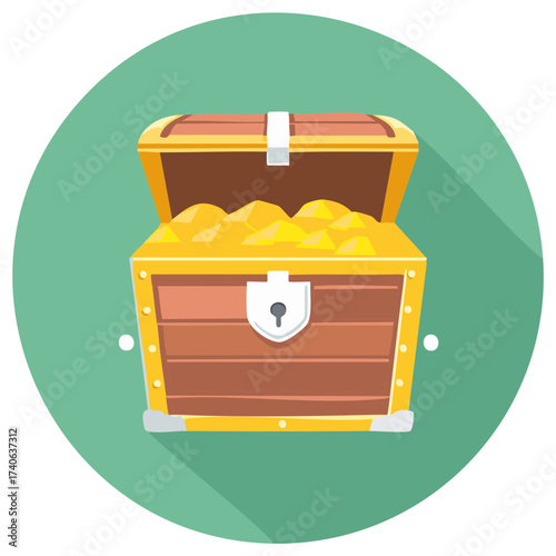 Open Wooden Treasure Chest Overflowing with Golden Coins Flat Design Illustration