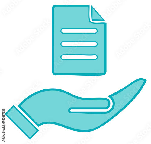 Turquoise hand cradles a document icon symbolizing care and document handling