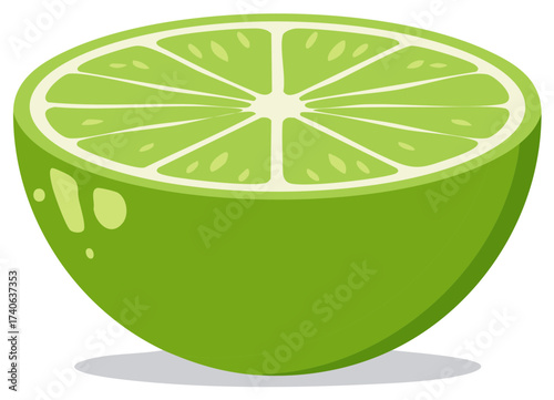 Half lime with segments and juice sacs, an illustration of a sliced citrus fruit with juicy pulp inside