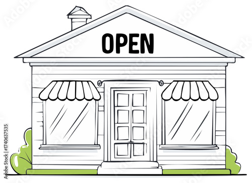 Storefront Illustration with Open Sign Business Concept Design for Retail Shop or Restaurant with Awnings and Windows