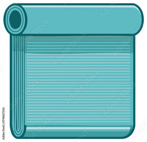 Blue yoga mat illustration with rolled side, top panel and striped surface, wellness graphic.