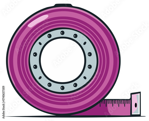 Illustration of a purple tape measure with markings and a circular spool