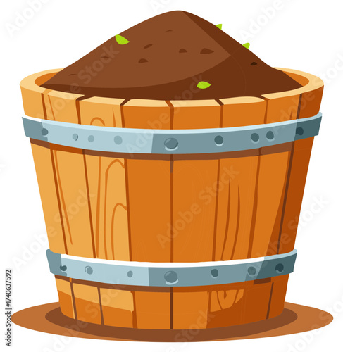 Wooden bucket filled with soil and small leaves, vector illustration.