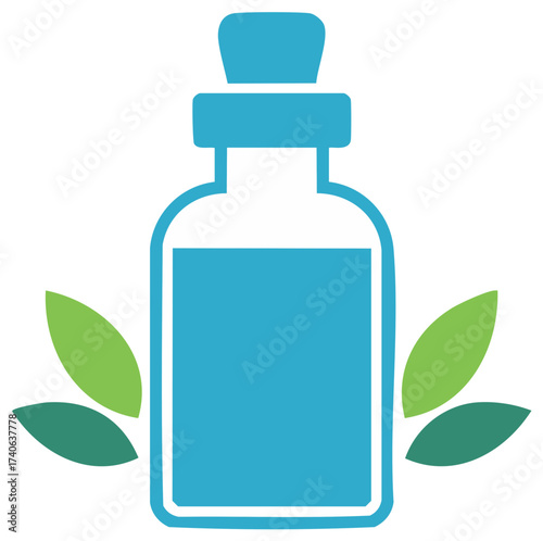 Blue bottle graphic with green leaves, herbal medicine or essential oils concept.