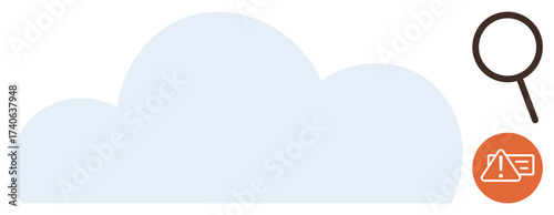 Magnifying glass over a light blue cloud with an orange alert sign. Ideal for cybersecurity, cloud computing, data protection, threat detection, online safety, IT management, simple flat metaphor