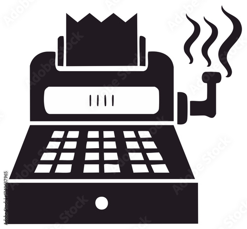 Vintage cash register with smoking exhaust and paper receipt