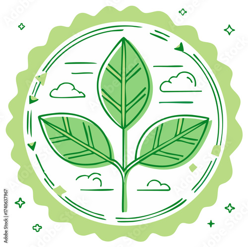 Vibrant green plant with three leaves inside a circular emblem symbolizing nature and ecology