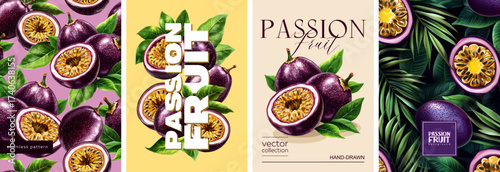 Hand drawn set of designs and patterns. Vectorized gouache illustrations. Illustrations of passion fruit with flowers and leaves for poster, prints, menu, card or textile
