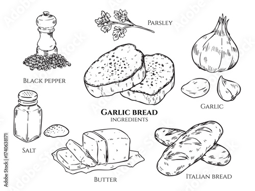 Isolated hand drawn garlic bread recipe and ingredients outline drawing illustration