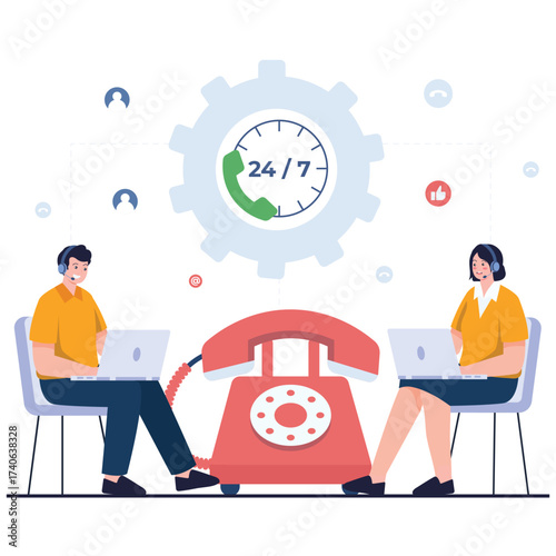 Call Center Concept Illustration. Vector illustration of Two support agents with laptops and a retro telephone under a 24/7 gear icon, showing continuous hotline service. Isolated on background