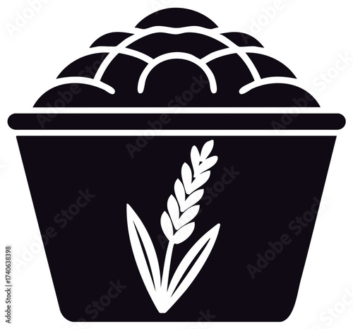 Minimalist black icon of a bowl filled with rice grains featuring a wheat stalk