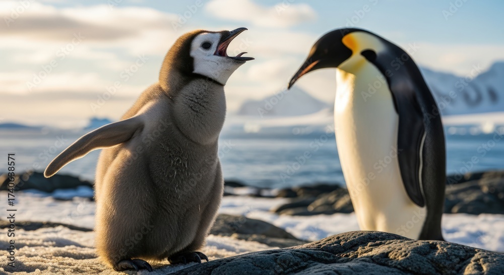Naklejka premium A juvenile penguin and an adult penguin interact on a rocky beach with snowy mountains in the background under a cloudy