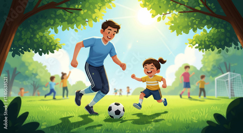 A father and daughter joyfully play soccer in a sunlit park, surrounded by other children.