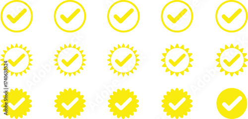 Collection of Yellow Checkmark Icons in Circles and Sunburst Shapes