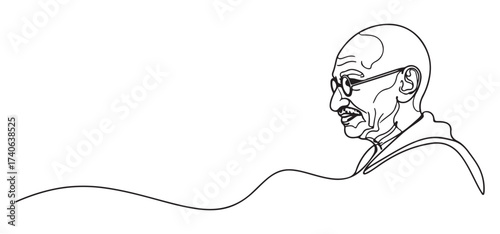 A minimalist line drawing of Mahatma Gandhi in profile, wearing glasses and a traditional Indian garment, with a flowing line extending from his shoulder.