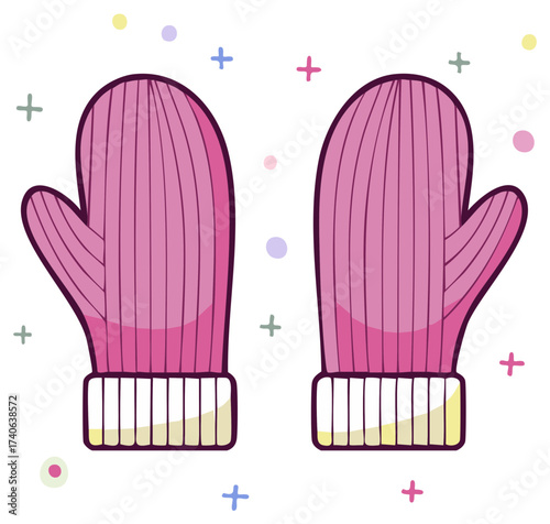 Whimsical Pink Cartoon Mittens, Winter Warmth, Vector Illustration, Fun Seasonal Accessory