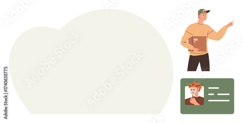 Delivery employee holding a package and pointing, ID card with photo and information below. Ideal for logistics, parcel service, identity verification, product delivery, online shopping, customer