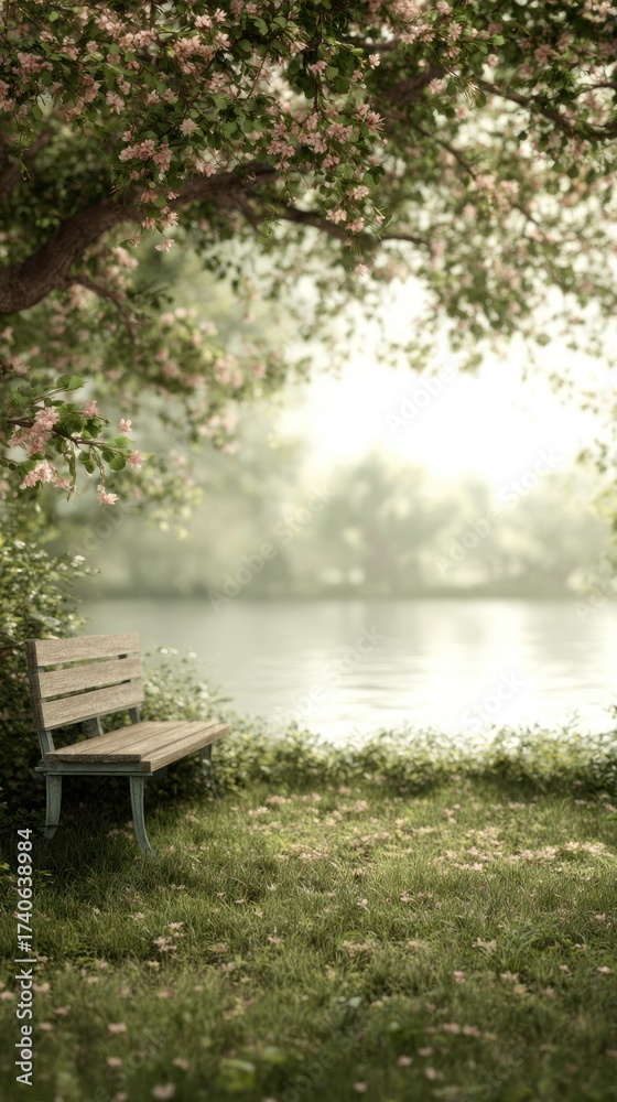 Naklejka premium A wooden bench sits under a flowering tree beside a tranquil lake with blurred background