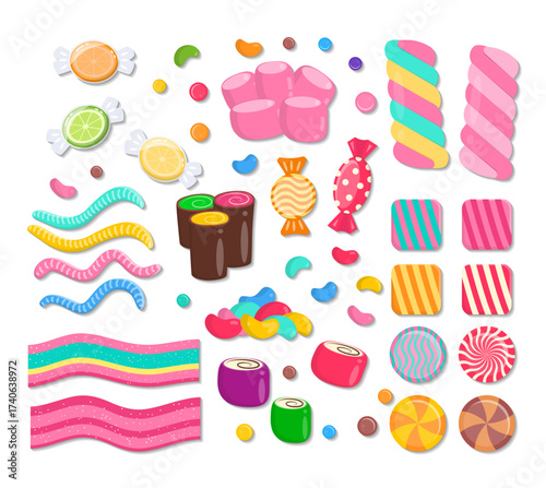 Candies Vector Set. Collection of Sweet Candies, Lollipops, Sugar Caramel, and Twisted Marshmallows.