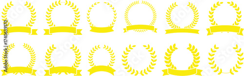 Collection of Yellow Laurel Wreaths with Ribbons for Awards and Recognition