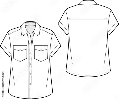 Flat vector illustration of short sleeve women’s shirt with chest pockets, front and back view, fashion CAD drawing, technical sketch