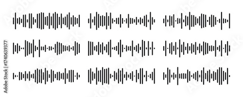Various sound wave patterns represented in black graphics showcasing different frequencies and amplitudes in a clean layout in eps 10.