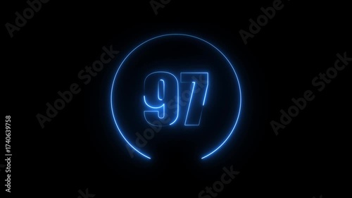 Glowing neon number 97 text animation with neon circle on black background. text number countdown animation.