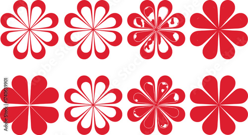 Eight Red Floral Designs with Varied Petal Styles and Textures