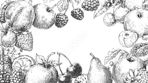 A detailed black and white illustration of various fruits including apples, pears, cherries, and berries arranged in a border around a blank space
