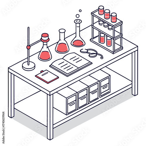 Isometric laboratory desk with scientific equipment including flasks beakers test tubes and a stethoscope for medical or research purposes