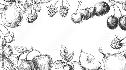 A detailed black and white illustration of various fruits including apples, pears, cherries, and berries arranged in a border around a blank space