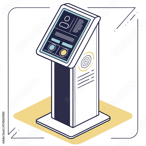 Modern digital information kiosk with touchscreen display and user interface elements presented in a clean isometric illustration style