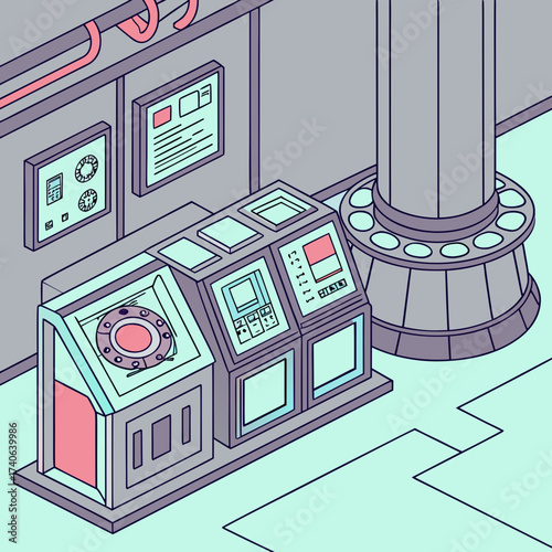 Isometric view of a futuristic control panel with screens and buttons in a science fiction laboratory or spaceship bridge