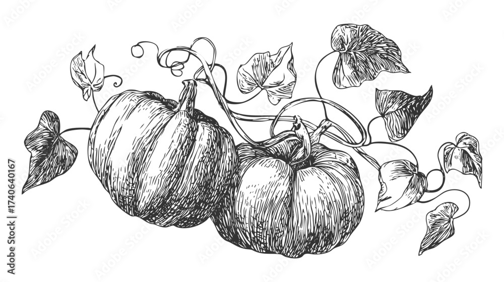 custom made wallpaper toronto digitalA detailed sketch of a pumpkin with leaves and tendrils