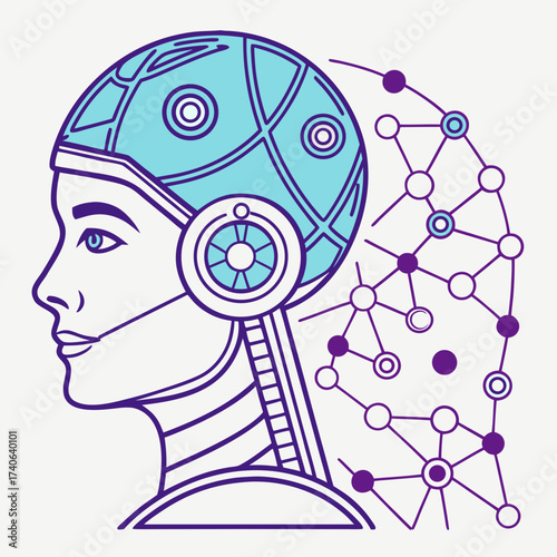 Stylized profile of a futuristic cyborg woman with a digital brain network and glowing circuit elements symbolizing artificial intelligence and technology